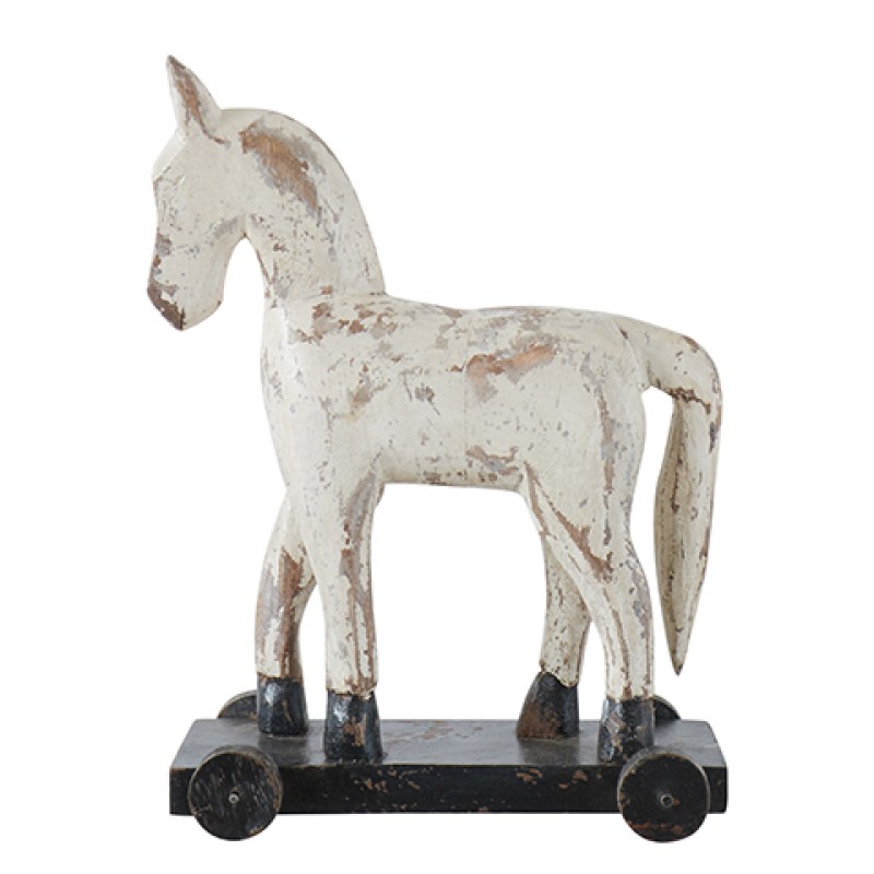 WHITE WOODEN HORSE ON WHEELS - DECOR OBJECTS